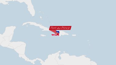 Haiti haritası Haiti bayrak renkleri ve ülke başkenti Port-au-Prince 'in broşu ile vurgulandı.