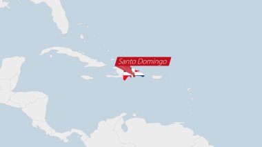 Dominik Cumhuriyeti haritasında Dominik Cumhuriyeti bayrağı renkleri ve ülke başkenti Santo Domingo 'nun rozeti vurgulandı.