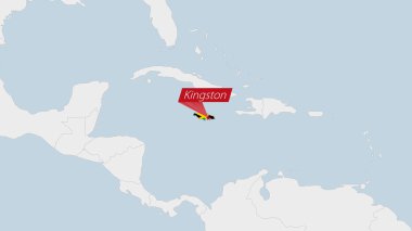 Jamaika haritasında Jamaika bayrağı renkleri ve ülke başkenti Kingston 'un broşu vurgulandı.