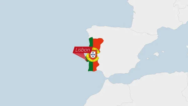 葡萄牙地图突出显示葡萄牙国旗的颜色和国家首都里斯本的别针 — 图库矢量图片