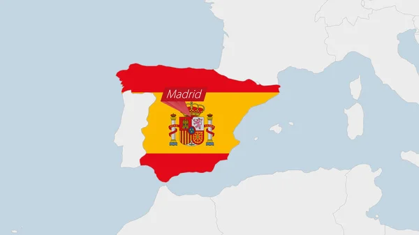 Mapa España Resaltado Colores Bandera España Pin Capital Del País — Vector de stock