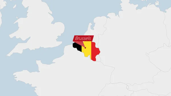 Belgie Mapa Zvýrazněná Belgii Vlajkové Barvy Pin Země Hlavního Města — Stockový vektor