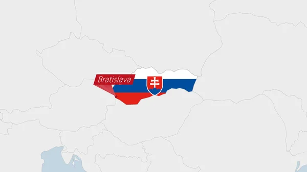 Mapa Slovenska Zvýrazněná Barvách Vlajky Slovenska Kolíku Hlavního Města Bratislavy — Stockový vektor