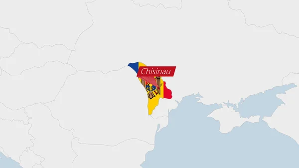 Moldavská Mapa Zvýrazněná Barvách Moldavské Vlajky Kolíku Hlavního Města Kišiněva — Stockový vektor