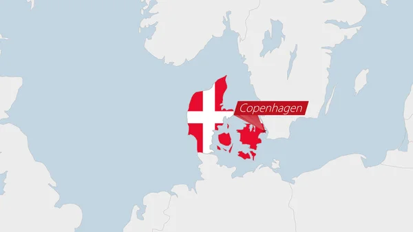 Dinamarca Mapa Destacado Dinamarca Bandeira Cores Pino Capital País Copenhague — Vetor de Stock