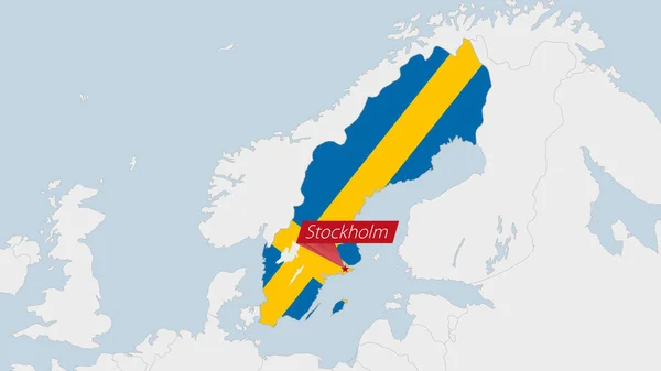 Zweden Kaart Gemarkeerd Zweden Vlag Kleuren Pin Van Land Hoofdstad — Stockvector