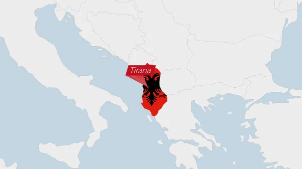 Карта Албании Выделена Цветом Флага Албании Штифтом Столицы Страны Тираны — стоковый вектор