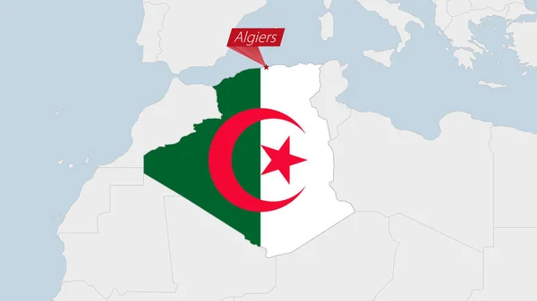 Algéria Térkép Kiemelt Algéria Zászló Színek Pin Ország Fővárosa Algír — Stock Vector