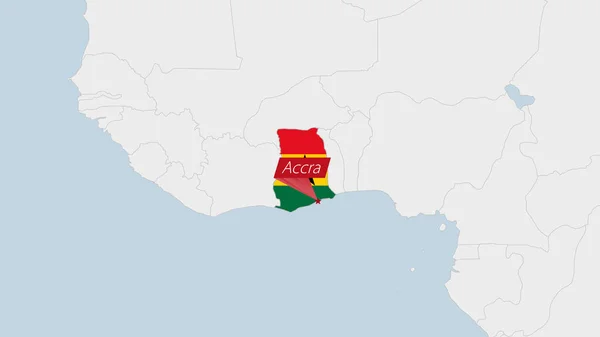 Ghana Karta Markerad Ghana Flagga Färger Och Stift Landets Huvudstad — Stock vektor