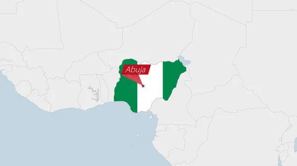 Nigeria Karta Markerad Nigeria Flaggan Färger Och Stift Landets Huvudstad — Stock vektor