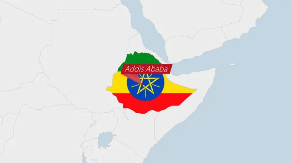 用埃塞俄比亚国旗和国家首都亚的斯亚贝巴的别针标出的埃塞俄比亚地图 — 图库矢量图片