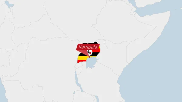 Карта Уганды Выделена Цветом Флага Уганды Штифтом Столицы Страны Кампала — стоковый вектор