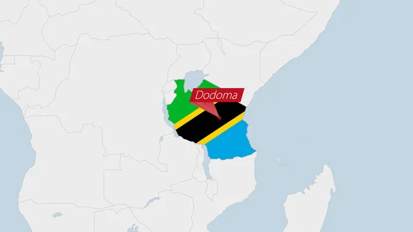 Mapa Tanzania Resaltado Colores Bandera Tanzania Pin Capital Del País — Vector de stock