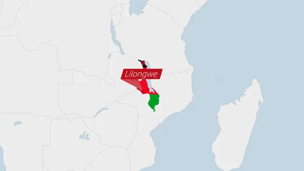 Malawi Mapa Zvýrazněna Malawi Vlajkové Barvy Pin Země Hlavního Města — Stockový vektor