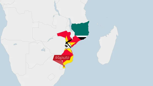Mosambik Karte Hervorgehoben Mosambik Flagge Farben Und Stecknadel Der Hauptstadt — Stockvektor
