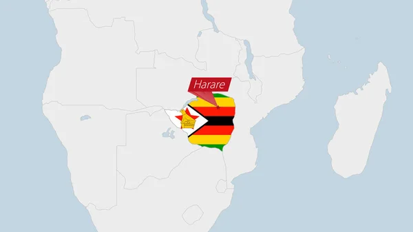 Zimbabwe Kaart Gemarkeerd Zimbabwe Vlag Kleuren Pin Van Land Hoofdstad — Stockvector