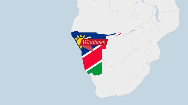 Карта Намибии Выделена Цветом Флага Намибии Значком Столицы Страны Виндхука — стоковый вектор