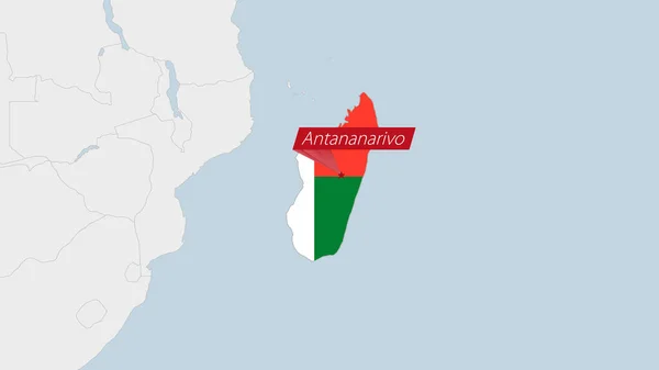 Madagaskar Karta Markerad Madagaskar Flagga Färger Och Stift Landets Huvudstad — Stock vektor