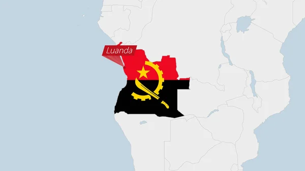 Angola Kaart Gemarkeerd Angola Vlag Kleuren Pin Van Land Hoofdstad — Stockvector