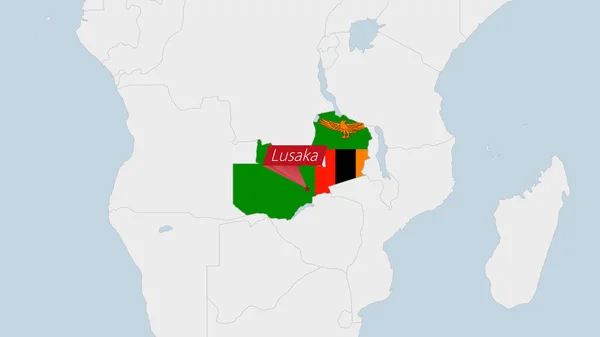 Zambia Kort Fremhævet Zambia Flag Farver Pin Landets Hovedstad Lusaka – Stock-vektor