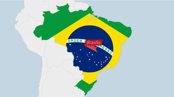 Brazílie Mapa Zvýrazněná Barvách Brazilské Vlajky Pin Hlavního Města Brazílie — Stockový vektor
