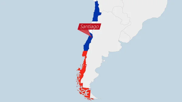 Chile Karte Hervorgehoben Den Farben Der Chilenischen Flagge Und Anstecknadel — Stockvektor