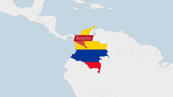 コロンビア地図コロンビアの旗の色と国の首都ボゴタのピンで強調表示 — ストックベクタ