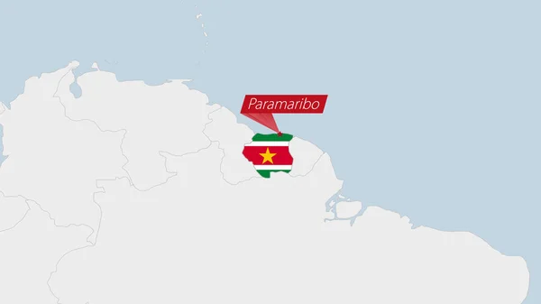 Surinam Karta Markerad Surinam Flaggan Färger Och Stift Landets Huvudstad — Stock vektor