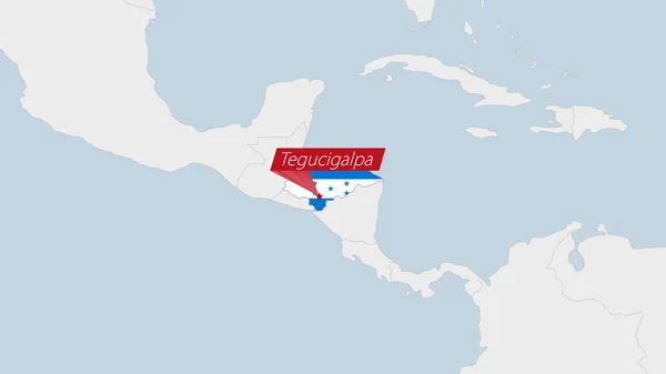 Mapa Hondurasu Podkreślone Hondurasie Flagi Kolorów Pin Stolicy Kraju Tegucigalpa — Wektor stockowy