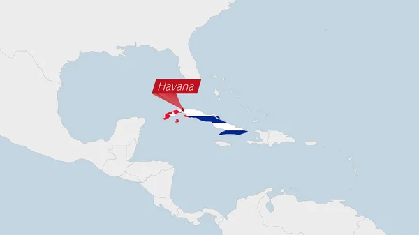 Карта Кубы Выделена Цветом Флага Кубы Штифтом Столицы Страны Гаваны — стоковый вектор