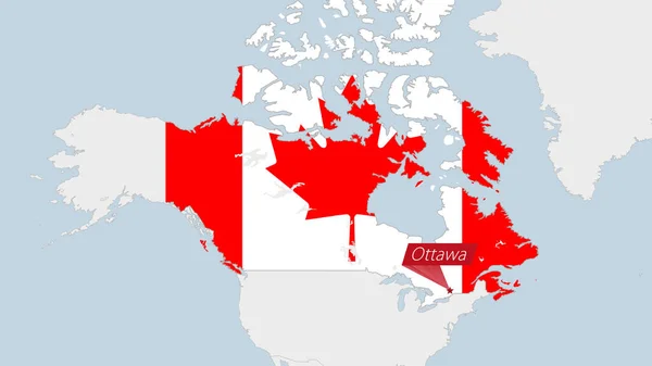 加拿大地图突出显示了加拿大国旗的颜色和首都渥太华的别针 — 图库矢量图片