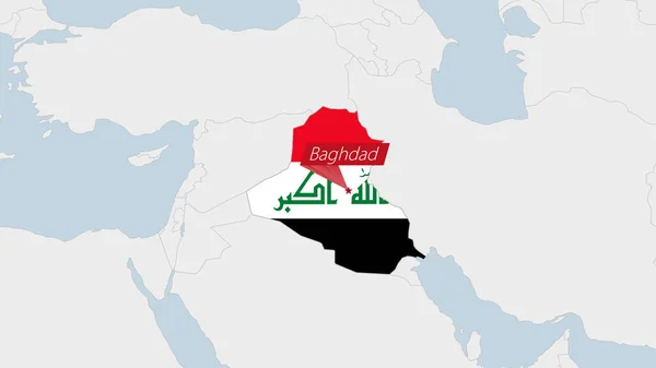 伊拉克地图突出显示了伊拉克国旗的颜色和国家首都巴格达的徽章 — 图库矢量图片