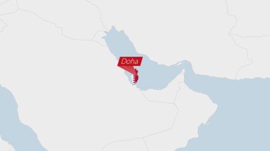 Katar haritası Katar bayrağı renkleri ve ülke başkenti Doha 'nın iğnesiyle vurgulandı.