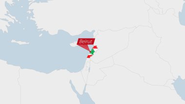 Lübnan haritasında Lübnan bayrağı renkleri ve ülke başkentinin broşu vurgulandı.