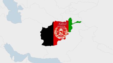 Afganistan haritası Afganistan bayrak renkleri ve ülke başkenti Kabil 'in broşu ile vurgulandı.