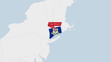 Connecticut eyalet haritası Connecticut bayrak renkleri ve ülke başkenti Hartford 'un broşu ile vurgulandı.
