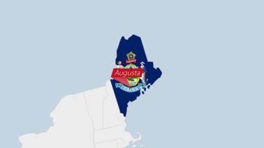 ABD Devlet Maine haritası Maine bayrağı renkleri ve ülke başkenti Augusta 'nın iğnesiyle vurgulandı.