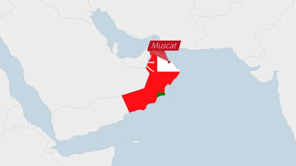 Mappa Oman Evidenziata Nei Colori Della Bandiera Oman Nella Spilla — Vettoriale Stock