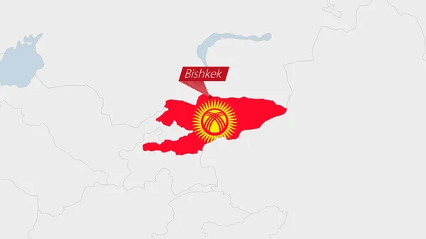 Kyrgyzstánská Mapa Zvýrazněná Barvách Kyrgyzské Vlajky Kolíku Hlavního Města Země — Stockový vektor