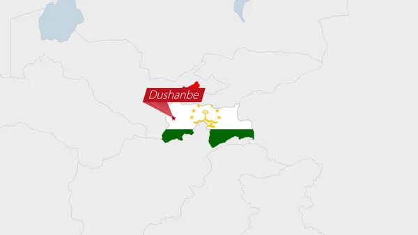 タジキスタンの国旗の色と首都ドゥシャンベのピンで強調された地図 — ストックベクタ