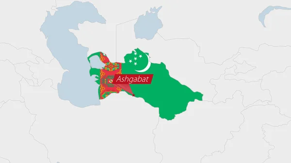 Карта Туркменистана Выделена Цветом Флага Туркменистана Штифтом Столицы Страны Ашхабада — стоковый вектор