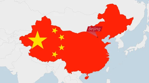 Mapa Chin Podkreślone Kolorach Flagi Chin Pin Kraju Stolicy Pekinu — Wektor stockowy