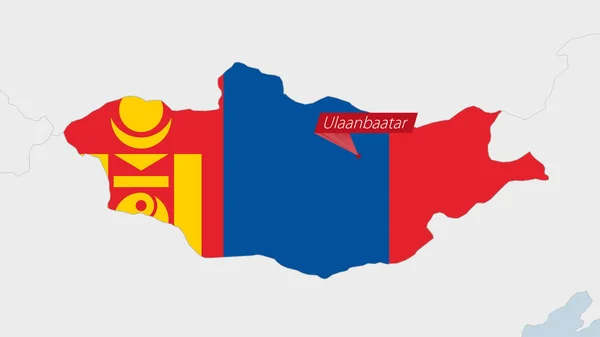 モンゴル国の国旗の色と首都ウランバートルのピンで強調された地図 — ストックベクタ