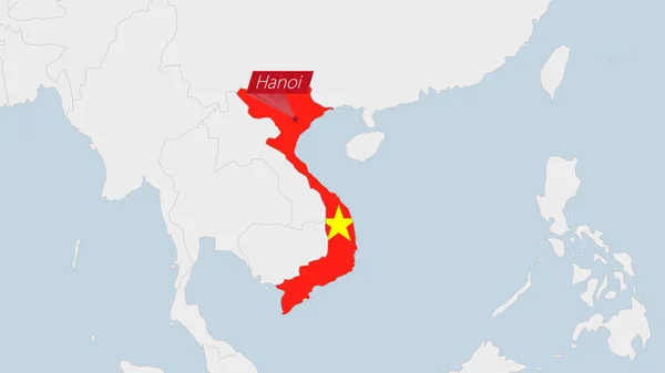 Vietnam Mapa Zvýrazněna Vietnamu Vlajkové Barvy Pin Země Hlavního Města — Stockový vektor