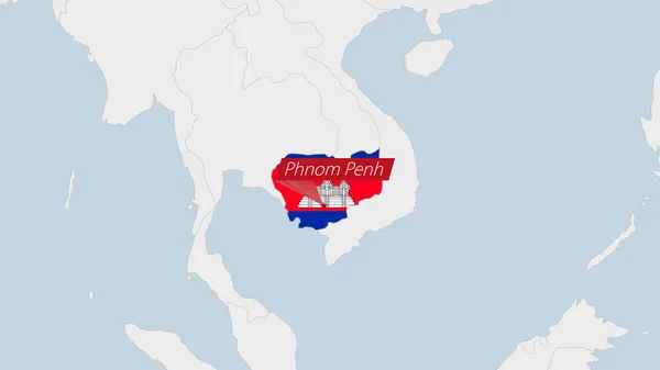 カンボジア地図カンボジアの国旗の色と首都プノンペンのピンで強調表示 — ストックベクタ