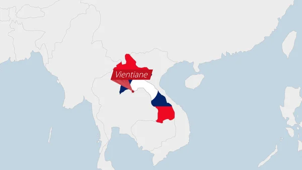 Laoská Mapa Zvýrazněná Barvách Vlajek Laosu Kolíku Hlavního Města Vientiane — Stockový vektor