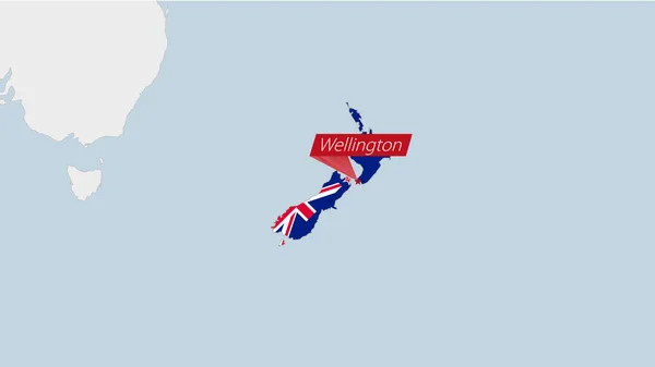 Zéland Térkép Kiemelt Zéland Zászló Színek Pin Ország Fővárosa Wellington — Stock Vector