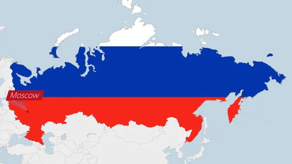 ロシア地図ロシアの国旗の色と国の首都モスクワのピンで強調表示 — ストックベクタ