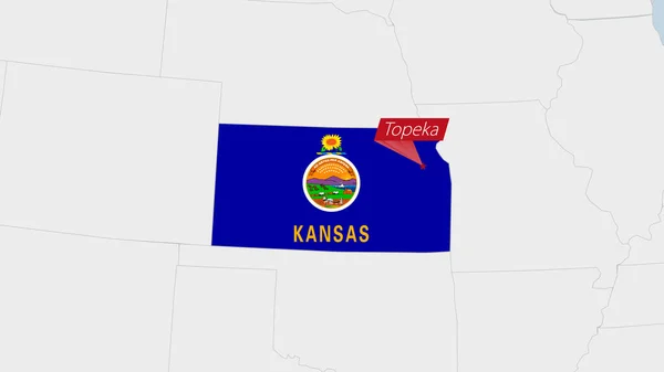 Americká Mapa Státu Kansas Zvýrazněná Barvách Vlajky Kansasu Kolíku Hlavního — Stockový vektor