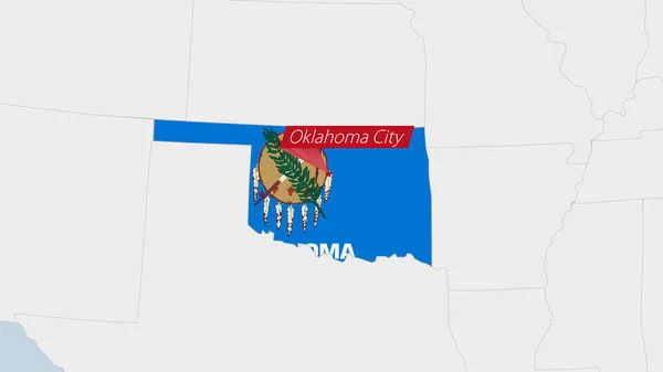 美国俄克拉荷马州的地图 用俄克拉荷马州首府俄克拉荷马州的国旗 颜色和别针标出 — 图库矢量图片